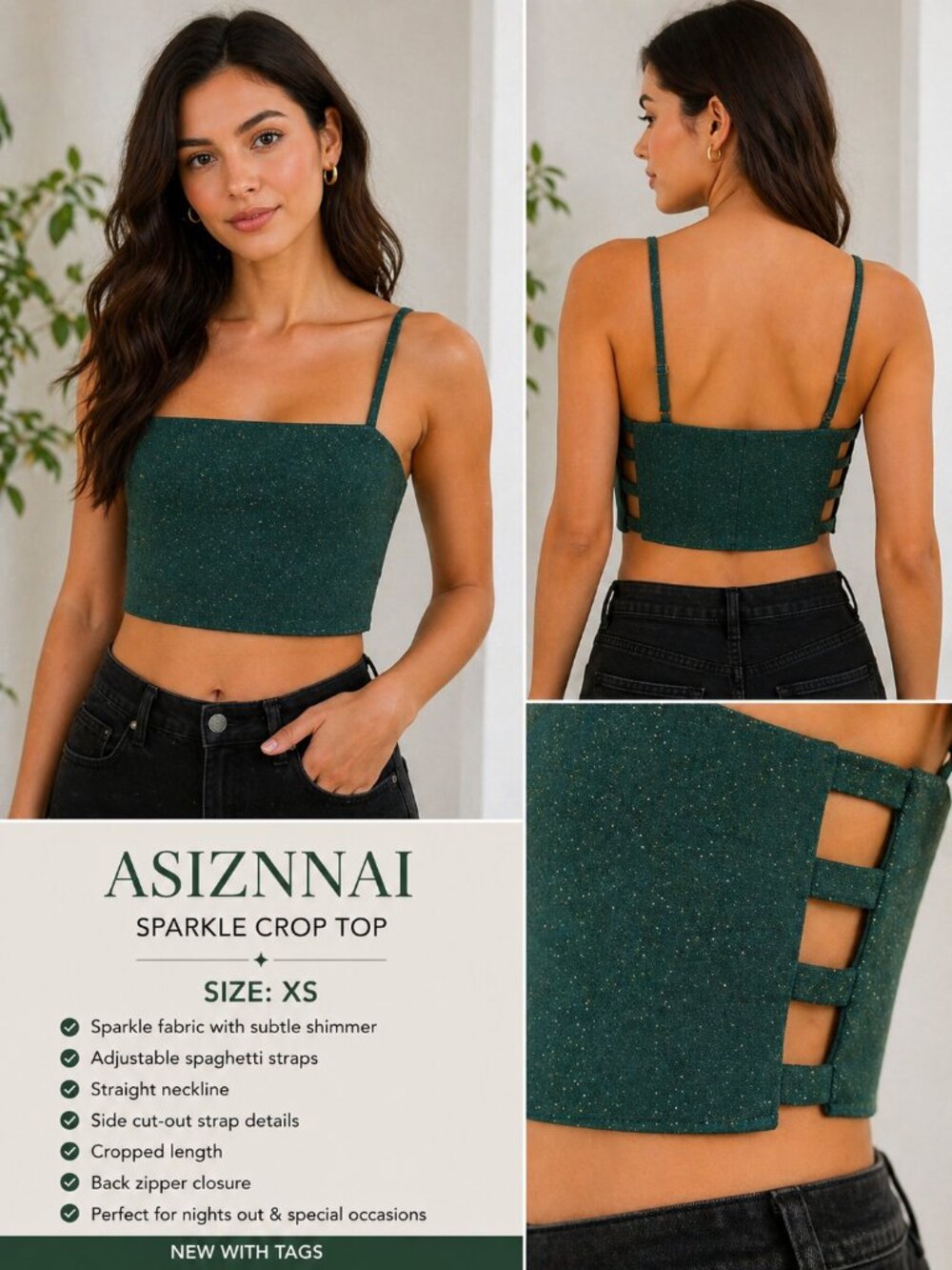 ✨ Asiznnai Green Sparkle Crop Top | Size XS | Night Out Glam